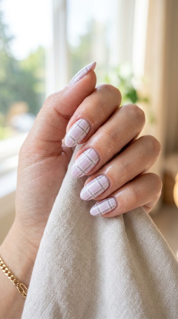 Soft lilac spring plaid nails