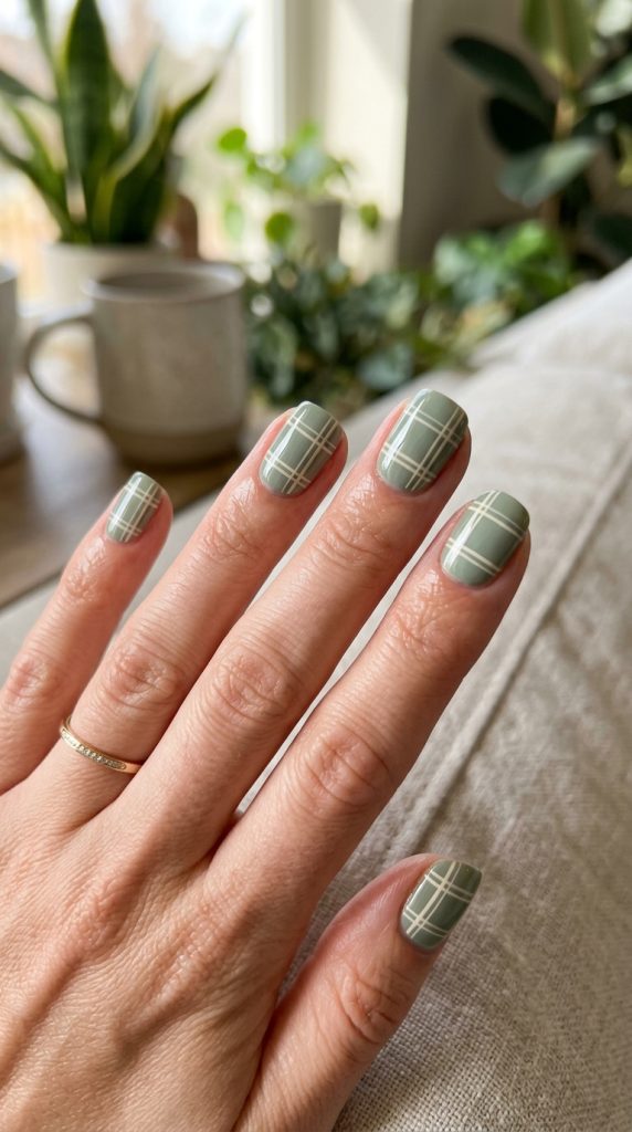 Sage green and cream plaid nails