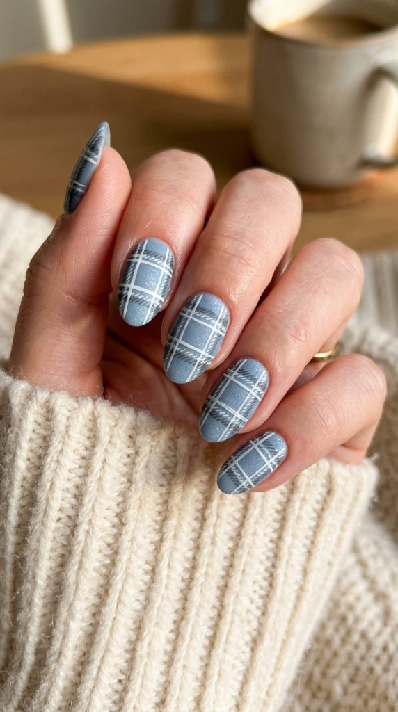 Dusty blue matte flannel plaid nails
