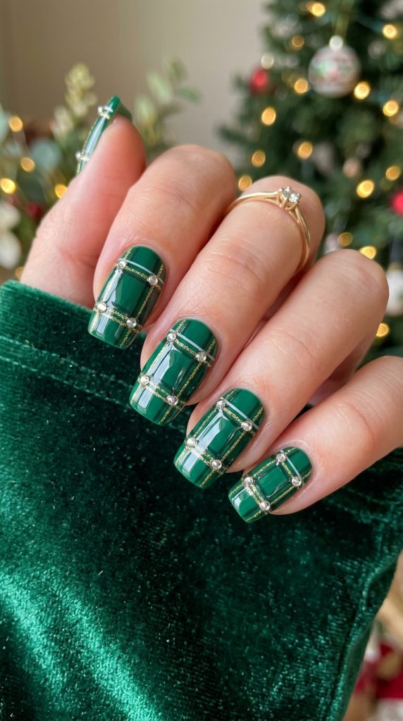 Emerald plaid nails with rhinestones
