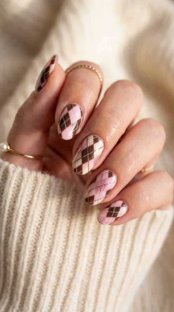 Chocolate brown argyle nails