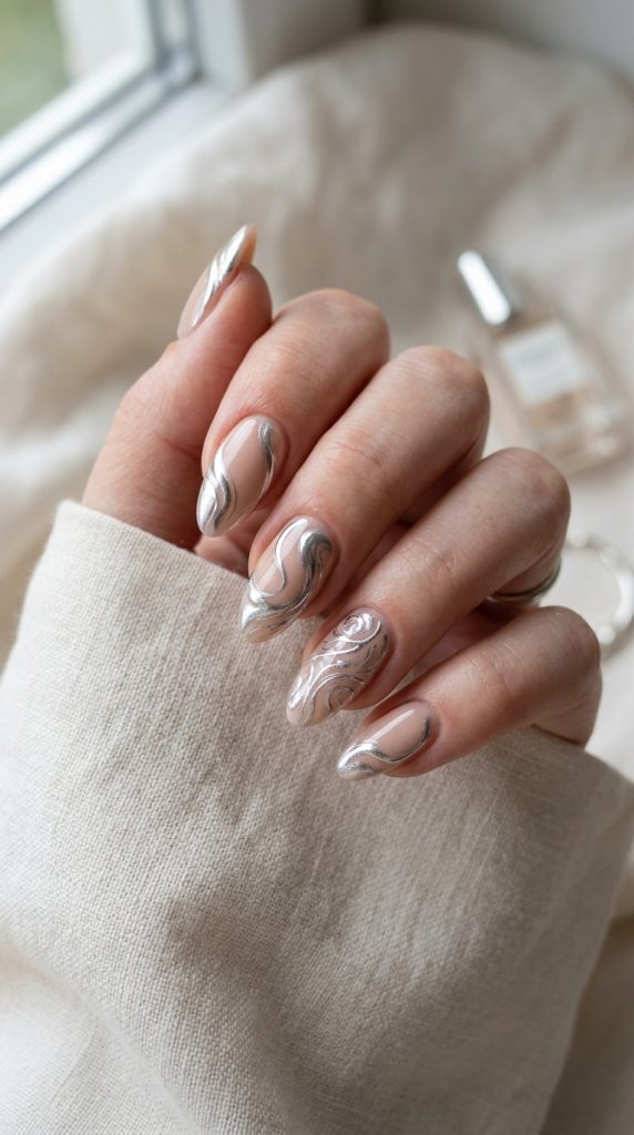 Chrome silver metallic swirl nails