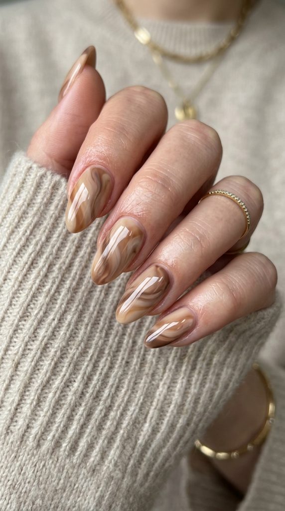 Latte and caramel neutral swirl nails