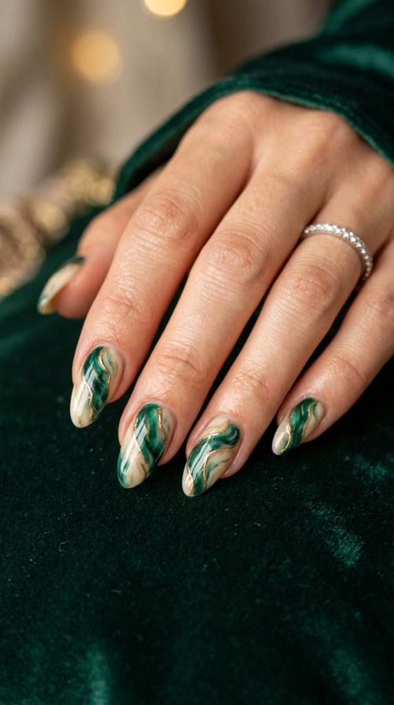 Emerald green and cream swirl nails