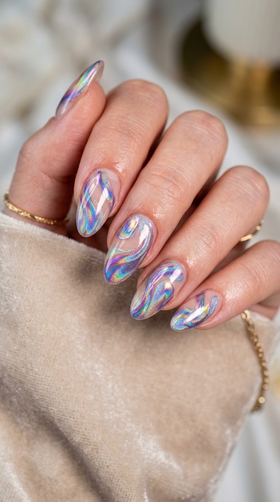 Holographic colour-shifting swirl nails