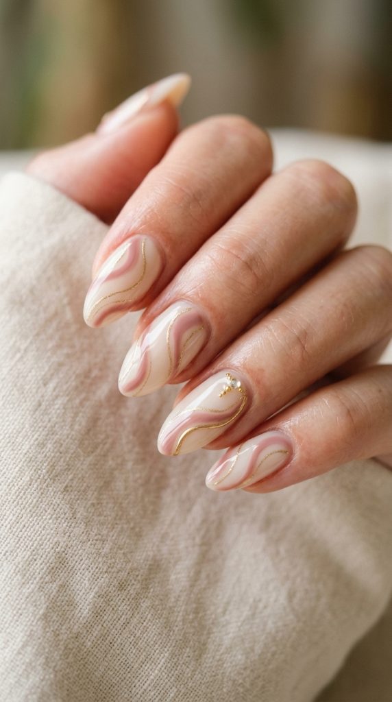 Dusty rose and gold swirl nails