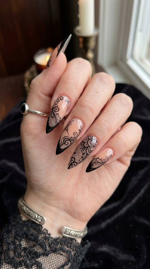 Black lace detail stiletto nails