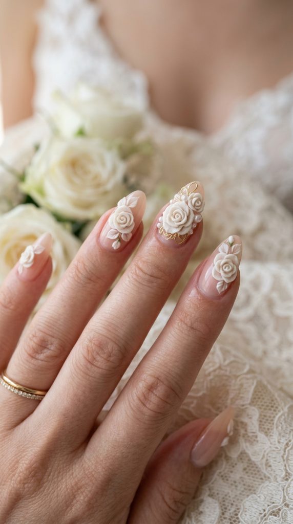 White 3D flower nails rose on a nude base