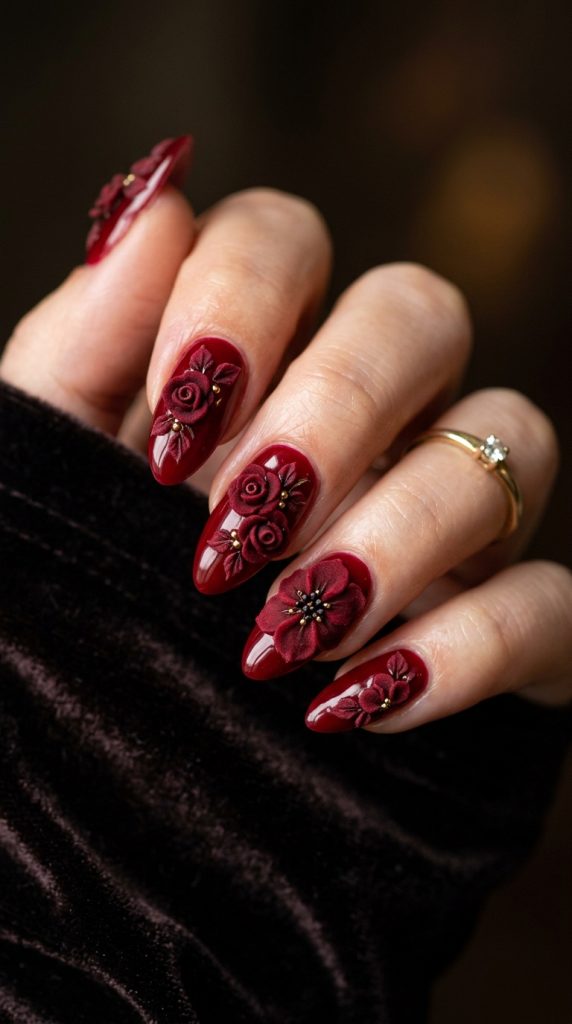 Deep red velvet 3D rose nails