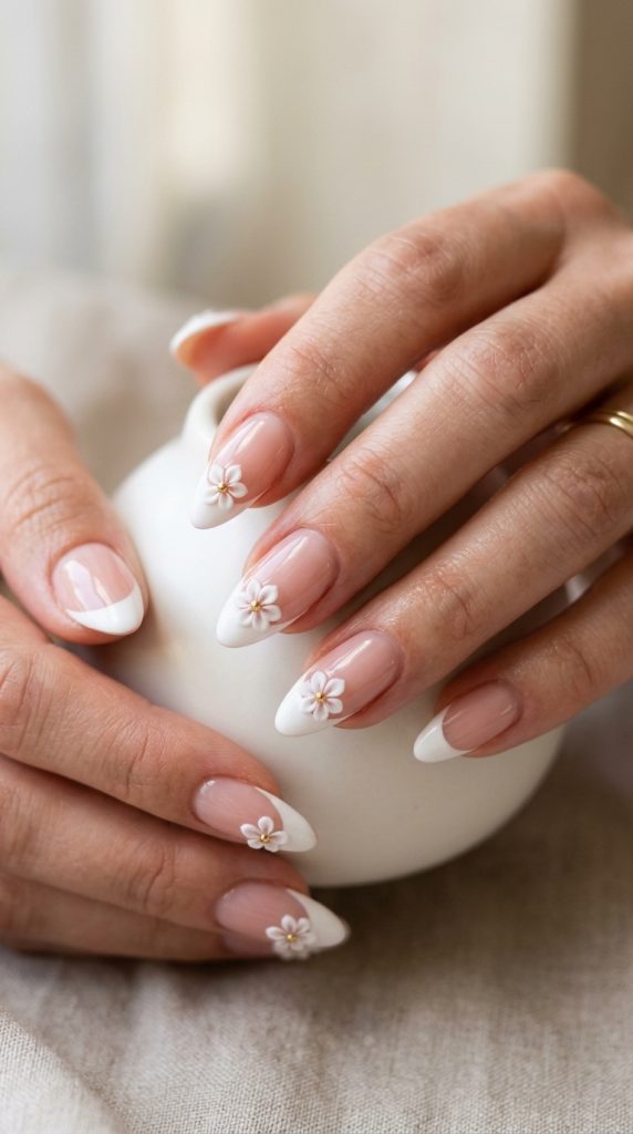 French tip nails with 3D daisies