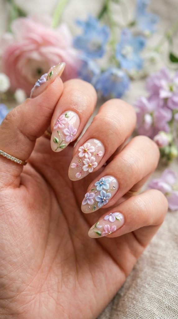 Pastel mixed 3D blossom nails