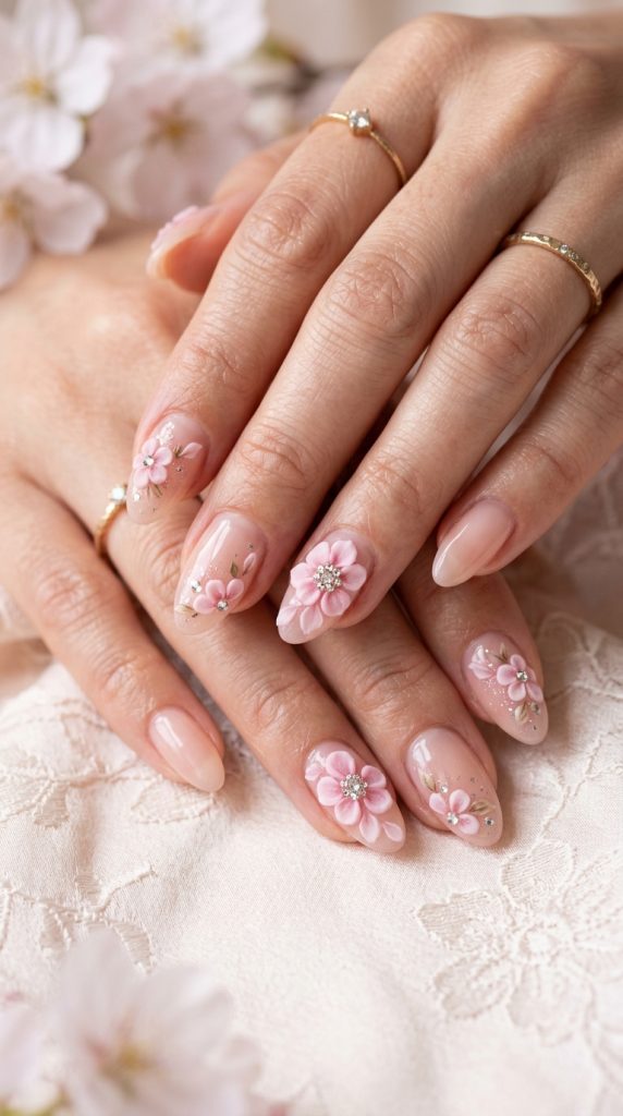 3D cherry blossom nails with crystal centres