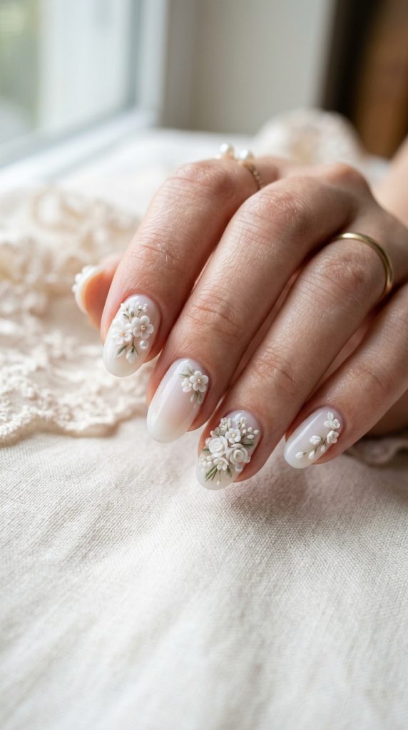 Milky nails with mini 3D florals