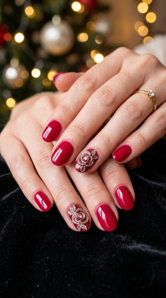  Cranberry red glossy gel nails
