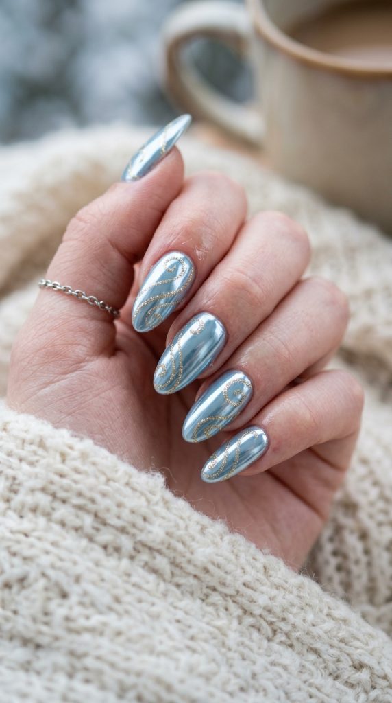 Icy blue chrome gel nails