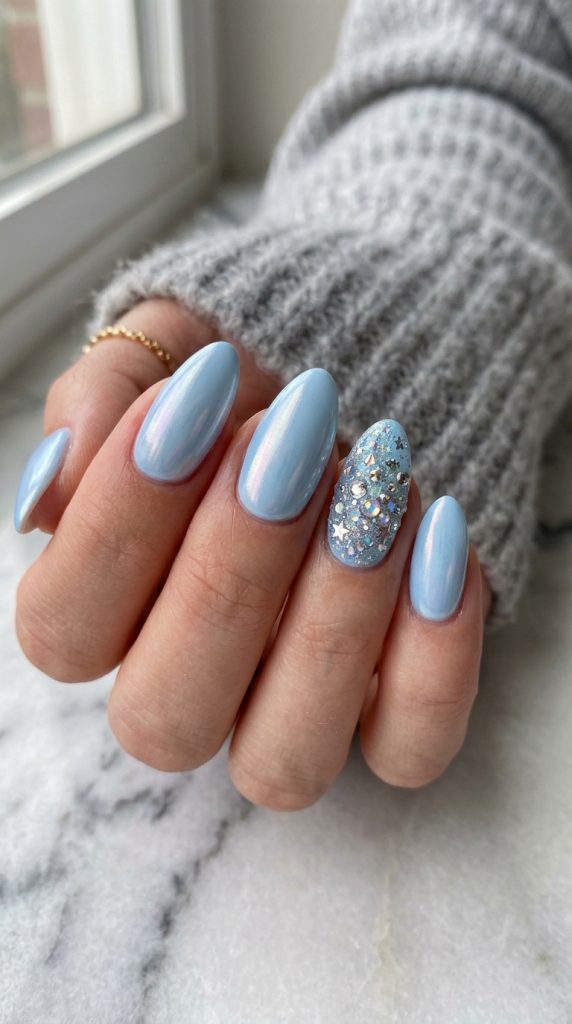 Baby blue chrome gel nails