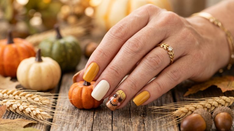 Cute scarecrow face nails with button eyes on a burlap-toned base
