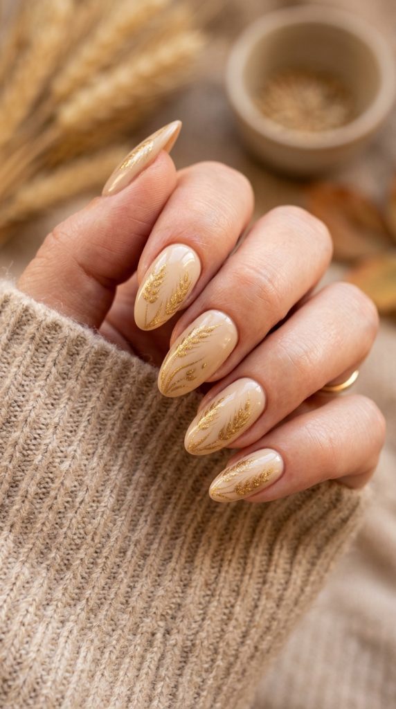 Golden wheat stalk nails on a cream base