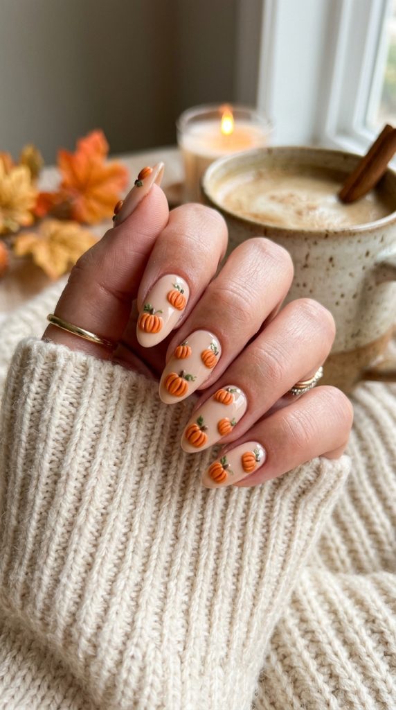 Tiny pumpkin nails on a neutral base