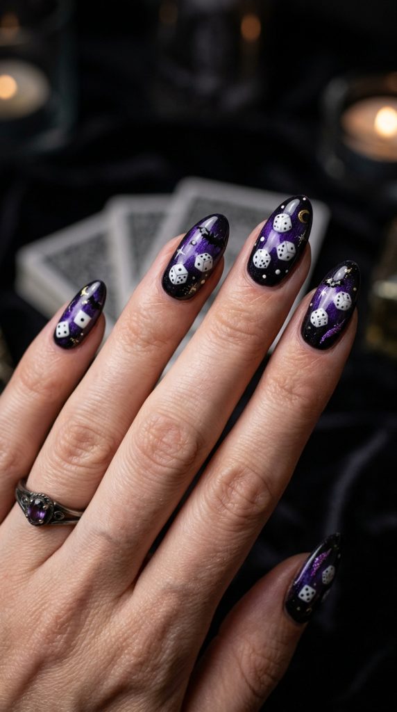White dice nails on a black and purple base