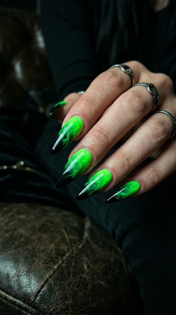 Black to neon green ombre nails