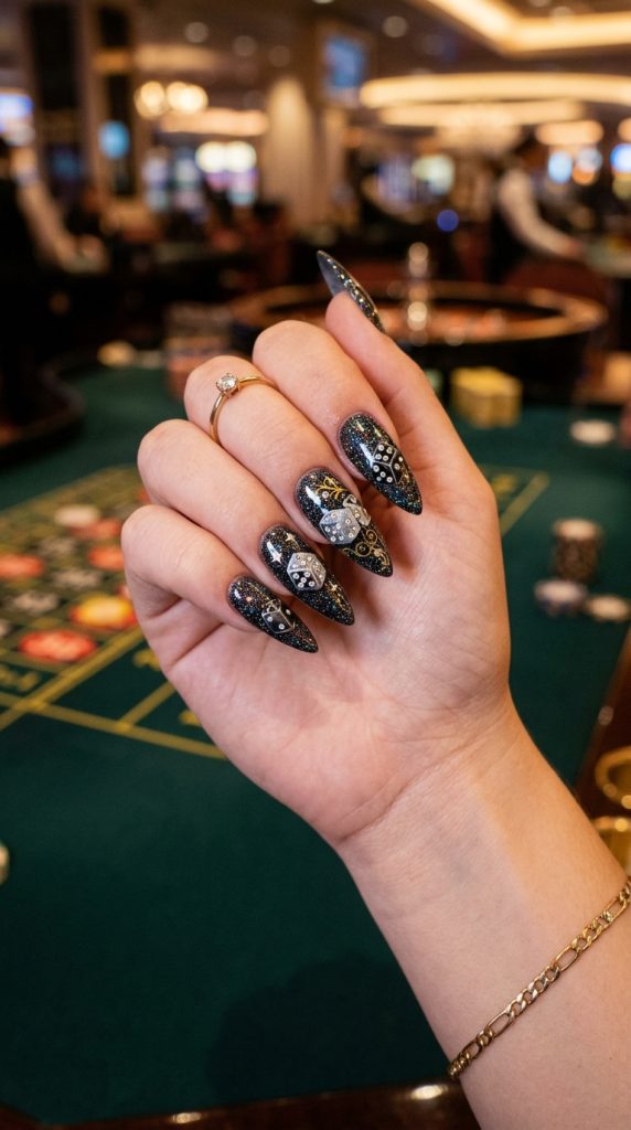 Dice nails with rhinestone accents