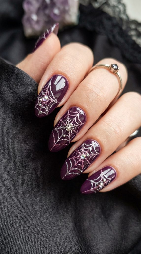 Purple nails with glittery spiderwebs and rhinestones