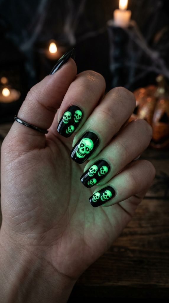 Glowing green skull nails on black
