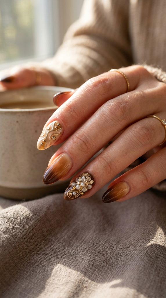 Chocolate brown to cream ombre nails