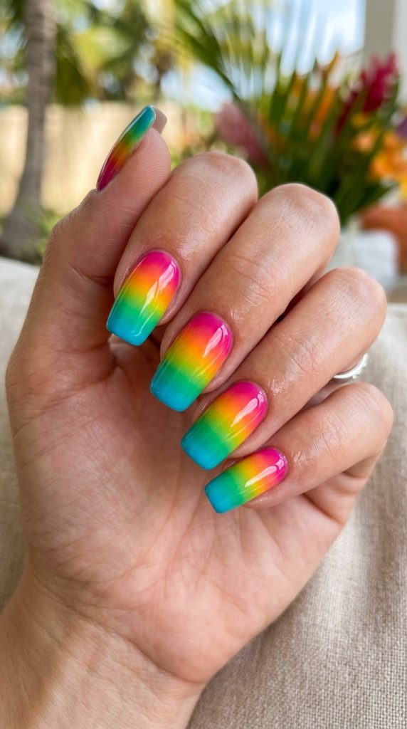 Rainbow tropical ombre nails