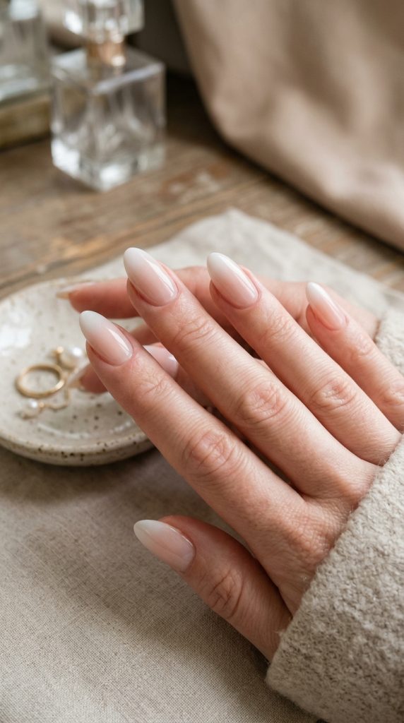 Nude to milky white ombre nails
