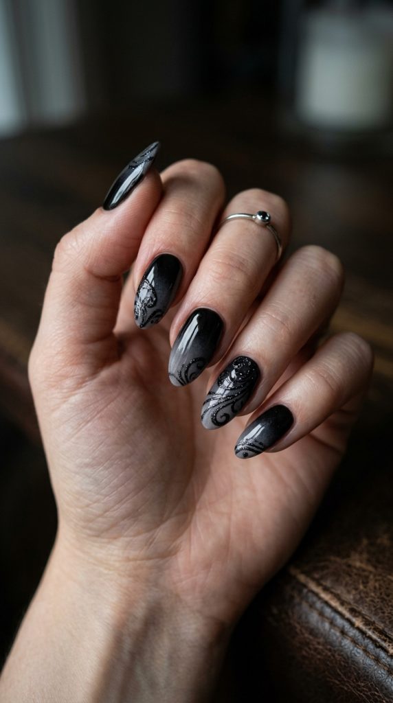Black to grey smoke ombre nails