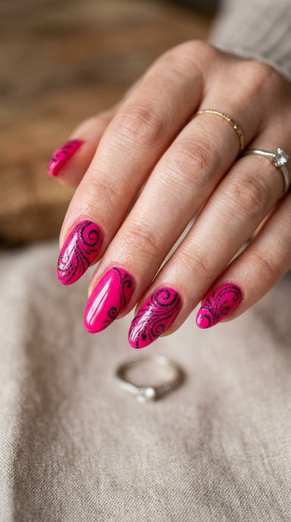 Glossy hot pink nails