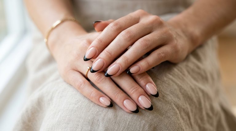 Classic French nude manicure with sheer beige base and black tips on almond-shaped nails