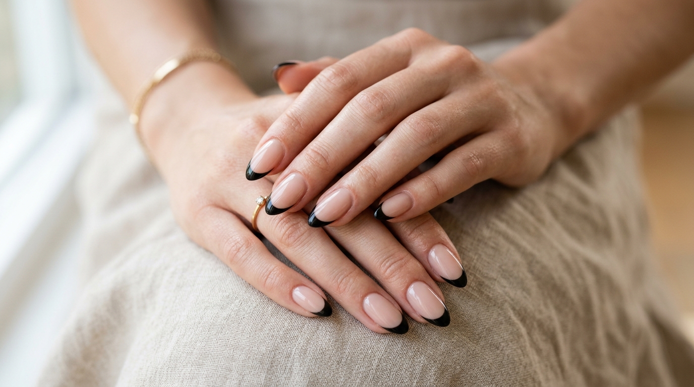 Classic French nude manicure with sheer beige base and black tips on almond-shaped nails