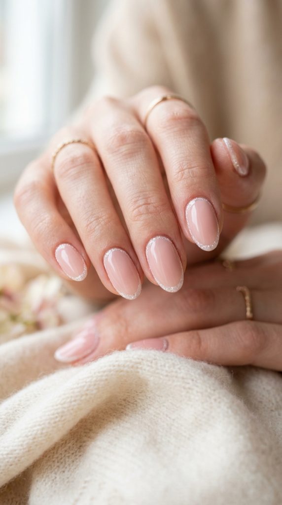 Nude manicure with white outline border on each nail