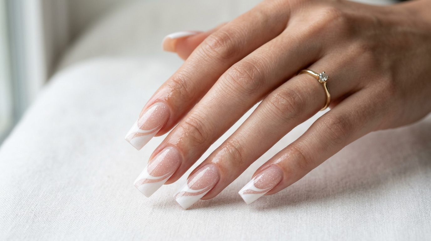 Classic French dip manicure with sheer nude and crisp white tips on almond-shaped nails