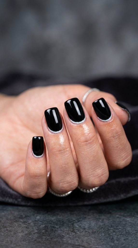 Sleek midnight black dip nail with mirror-like polish finish