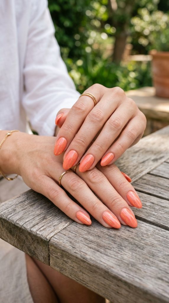 Vibrant coral-peach dip nails demonstrating warm, wearable color
