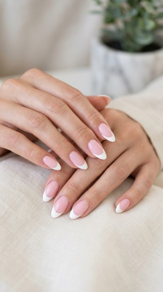 Modern French manicure variation with soft pink dip base and white tips