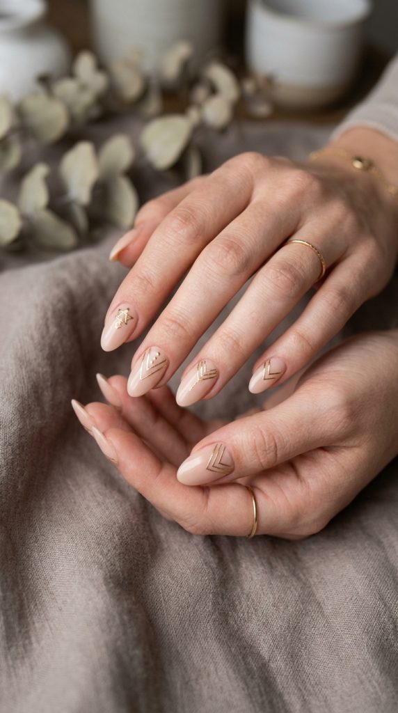 Nude dip nails with geometric gold line art designs for modern sophistication