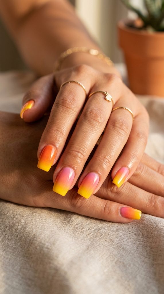 Sunset ombre dip nails with multi-color gradient transitioning orange-pink-yellow
