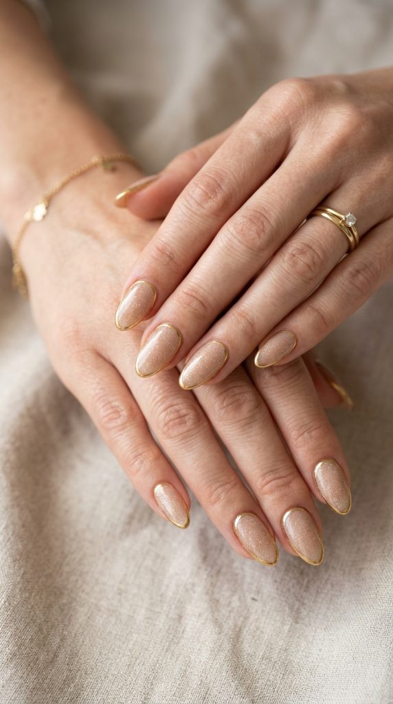 Nude dip nails framed with ultra-thin gold outline border definition