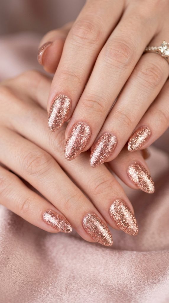 Glamorous rose gold glitter dip nail with sparkle and feminine shine