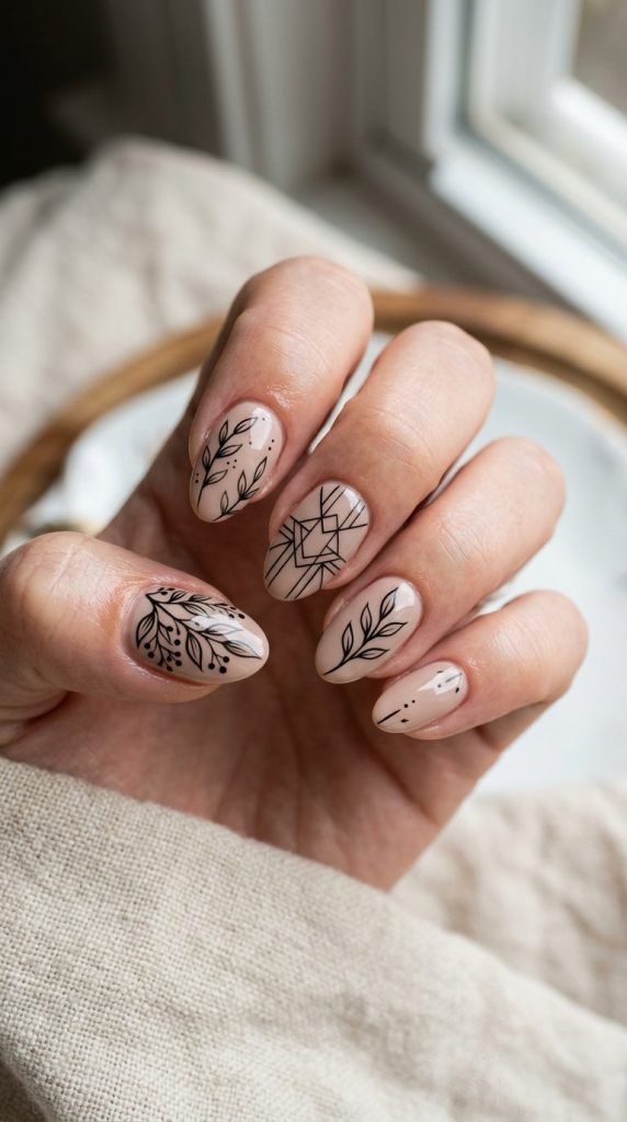 Nude dip nail with delicate black line art botanical and geometric designs