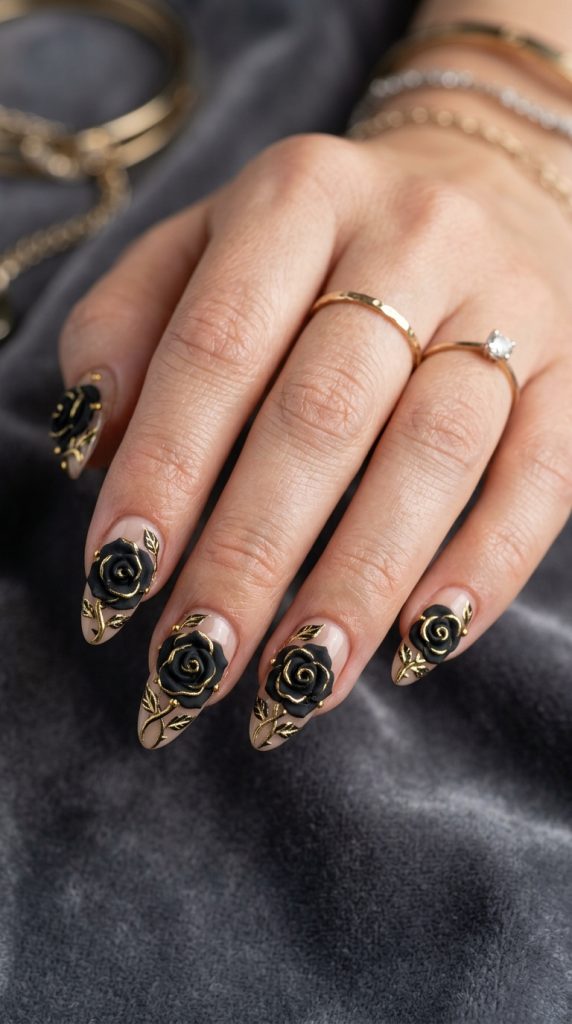 Black and gold 3D rose accent nail