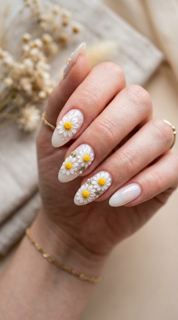 Tiny white 3D daisy nails