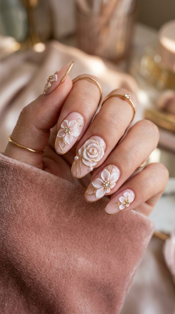 Gold-trimmed 3D orchid nails