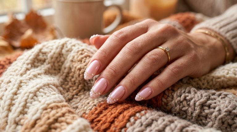 Glossy glazed pastel pink gel nails ideas on a knitted blanket