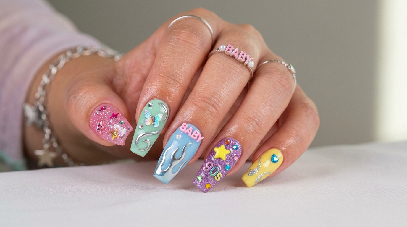 Bold Y2K nails with stars, charms, chrome, and rhinestones